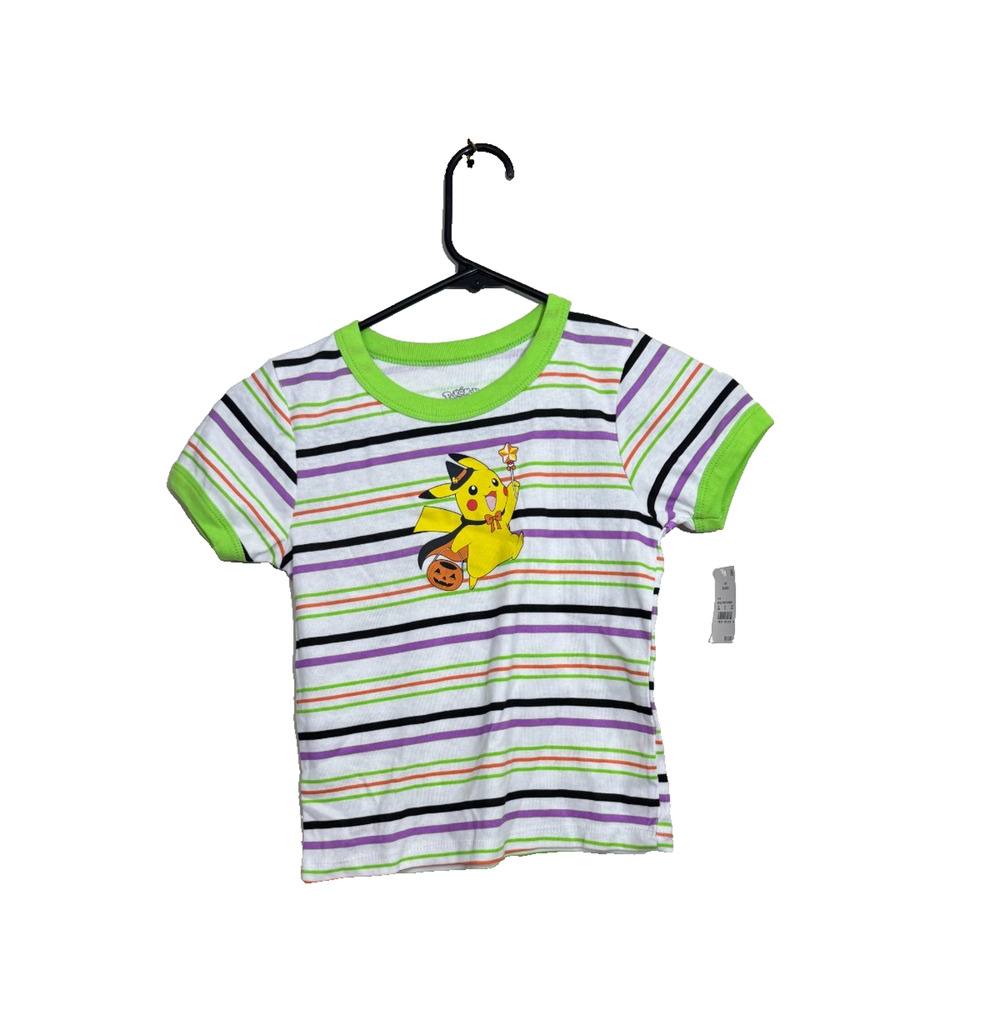 Pokemon Girls Pikachu Halloween T-Shirt Tee Shirt L 10-12 Green & Purple Stripe